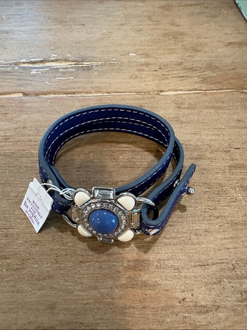 Lia Sophia Blue Wrap Bracelet with Rhinestone and Cream Accents
